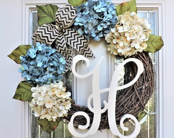 Blue and Cream Hydrangea Front Door Wreath-Spring Front Porch Wreath-Wreath for Door-Wreath with Burlap Bow-Monogram Wreath-Front Porch