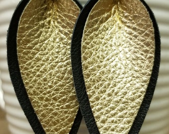 Gold/Black Double Petal Leather Earrings