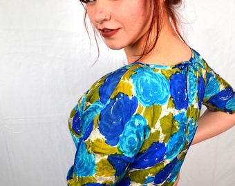 Vintage 1950s Watercolor Silk 50s Floral Dress