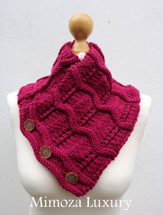 Fuchsia Merino Wool Hand Knitted Scarf, Knit scarf wrap magenta Scarf, Shawl, Wrap, Neck warmer, knit scarf, fuchsia pink women's knit scarf