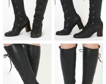 60's Italian Designer Kidd Glove Leather Lace Up Hippie Boots Sz 9M / True Vintage Black Leather GoGo Boots / 60s Runway Fashion Tall Boots