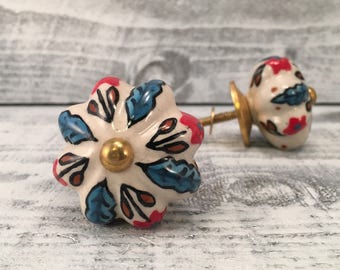 Ceramic Knobs For Cabinets, Replacement Knob Hand Painted Floral Design Red Blue White Colors, Pumpkin Shape Drawer Pulls, Item #503591014