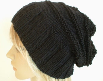 Hand knit slouchy hat wide band in black wool handknitted knitted warm slouch beanie