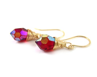 Red Czech Glass Crystal Gold Filled Wire Wrapped Dainty Drop Earrings - Gift for Her