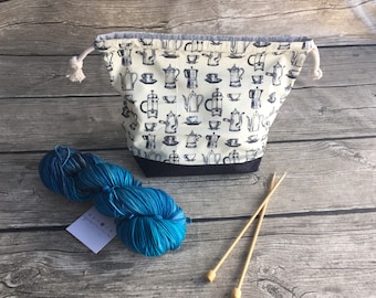 But First, Coffee - Project Bag -- Drawstring Knitting Bag -- Yarn Bag -- Crochet Bag