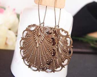 Vintage solid oxidized brass highly detailed shell earrings