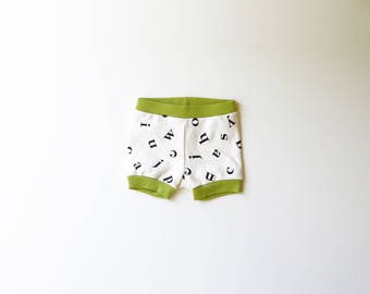 50% OFF | 0-3 months | Organic Cotton Baby Alphabet Shorties | Screen Printed Shorts | Fair Trade Clothes for Babies | Gender Neutral