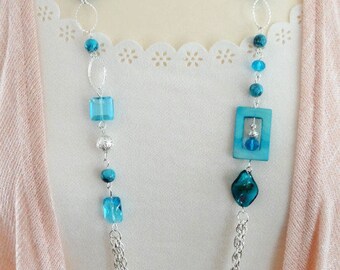 Turquoise Necklace, Long Blue Beaded Necklace, Long Turquoise Necklace, Blue Beaded Necklace, Blue Boho Necklace, Turquoise Flapper Necklace