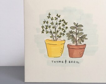 Thyme & Basil hand drawn original marker card 4 x 4"
