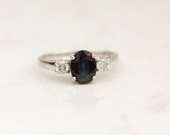 Vintage Oval Cut Genuine Blue Sapphire and Diamond Accent Ring in 14k Solid White Gold, Size 7 // Sapphire Engagement Ring //