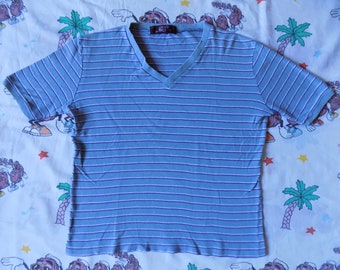 Vintage 80's Macy's Men's Store Striped V Neck T shirt, size Medium pale blue/white/purple stripes