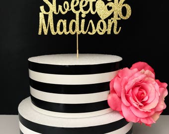 Happy Sweet Sixteen cake topper- sweet sixteen cake topper- sweet 16 cake topper- Glitter 16th birthday cake topper- custom sweet 16 topper