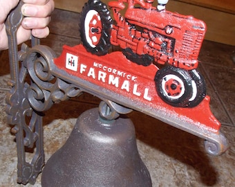Hand painted Cast Iron " Superb Decorative Heavy McCORMICK FARMALL Red Tractor Wall Mounting Bell "