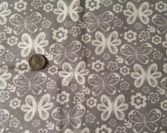 Grey butterfly Flannel Fabric, butterfly fabric, grey flannel, flower fabric