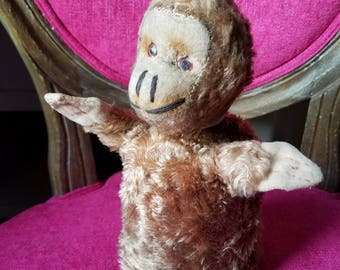 Cute 1950's Vintage Mohair Straw Stuffed Monkey Glove Animal Hand Puppet Plastic Eyes Unmarked Steiff