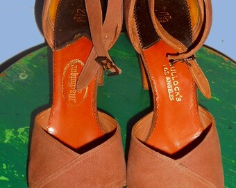 Vtg Sling Pump Heels 1940's-50's Custom Made Taupe Suede Sz 6