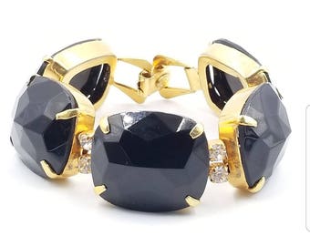 Big Black Glass Stone Bracelet, Designer Signed Kramer New York Rhinestone Bracelet, Wide Vintage Bracelet, Rare Book Piece
