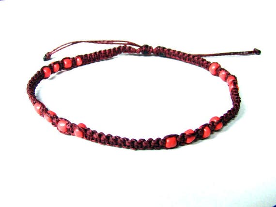 Maroon burgundy beaded macrame anklet coral color beads