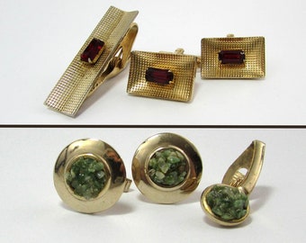 Mens Cuff Links & Tie Clip Sets - Gold tone - one with red and one with green accents - 1960s
