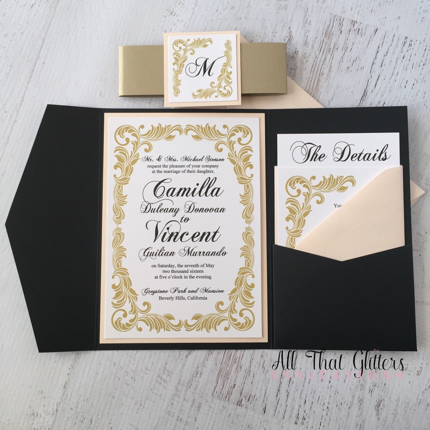 Gold Vintage Wedding Invitation Suite Pocketfolder Wedding