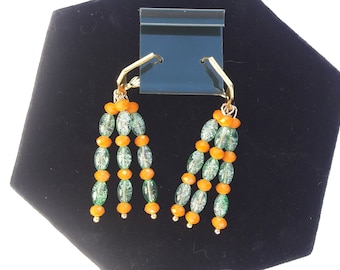 ORANGE AND GREEN Beaded Dangle Earrings