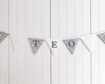 Grey White Fabric Name Bunting - Grey White Name Bunting - Grey White Custom Name Banner - Personalised Name Bunting - Custom Name Flags
