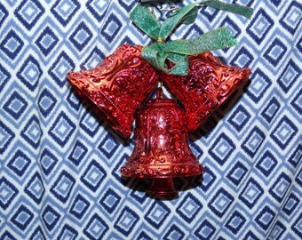 Vintage Red Plastic Bells, Christmas Decoration, Door Decor, Christmas Tree Decoration, Reindeer, Green Ribbon, Holiday Decor
