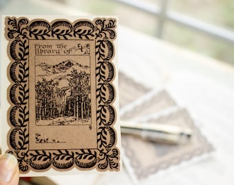 mountain forest bookplates - woodland book plates -ex libris - bookplate stickers - masculine bookplate - gift for him - bookworm under 20