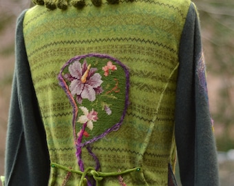Green purple long Sweater COAT, Woodland fantasy art to wear, festival More girl, OOAK coat, refashioned Eco-couture.Size M/L. Ready to ship