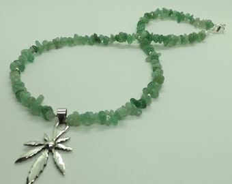 Green Aventurine Gemstone Chips Sterling Silver Leaf Charm Necklace
