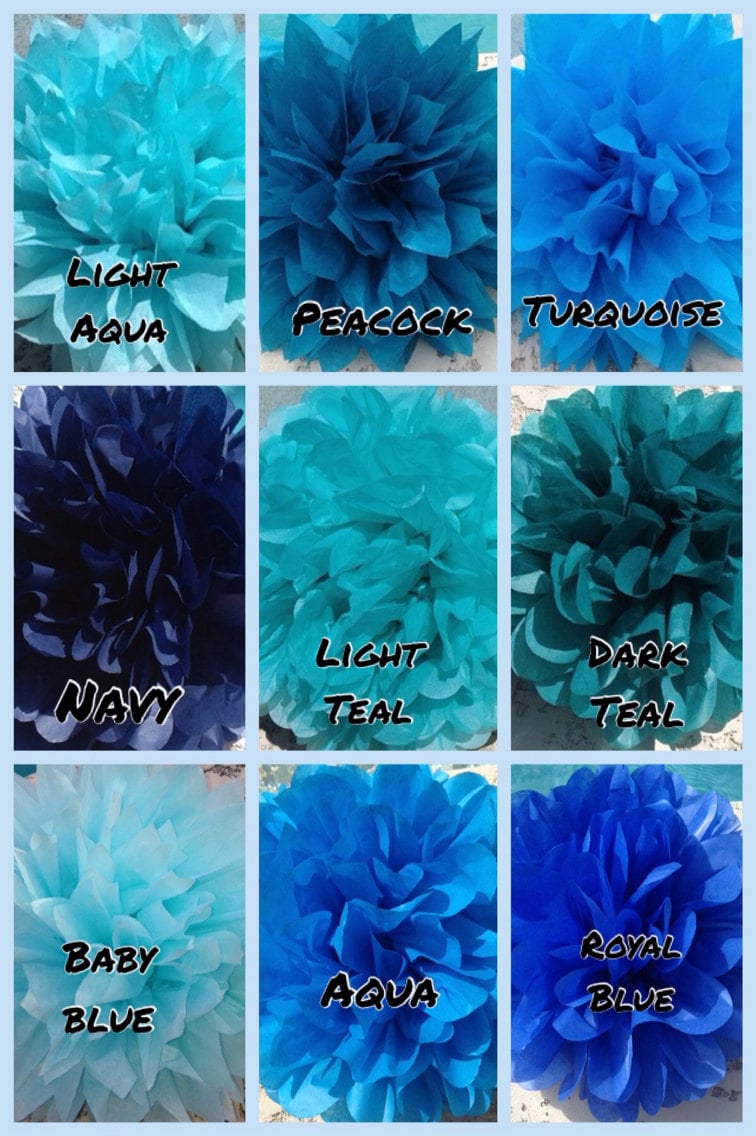 SHADES OF BLUE / 9 tissue paper pom poms / wedding