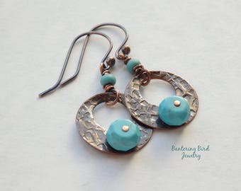 Hammered Copper Hoop Earrings with Turquoise Blue Stone Beads, Southwestern Style, Handcrafted Rustic Copper Jewelry