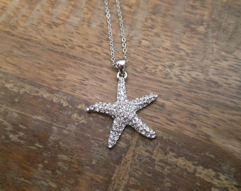 Rhinestone Starfish Necklace - Silver Starfish Necklace - Beach Wedding Necklace - Beach Wedding - Wedding Jewelry