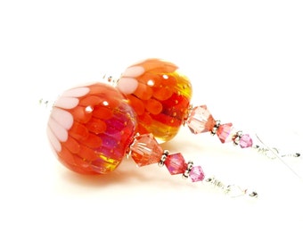 Orange Earrings, Lampwork Earrings, Lotus Flower Earrings, Glass Earrings, Glass Bead Earrings, Colorful Earrings, Glass Bead Jewelry