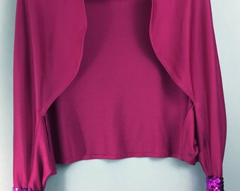 Amazing vintage BERNSHAW pink bolero shrug UK 14/16 Sequin cuffs Disco 1980s Prom