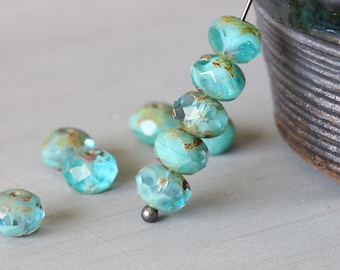 9x6mm (10) Turquoise Aqua, Picasso, Czech, Glass, Faceted, Rondelle, Beads, 10 pieces