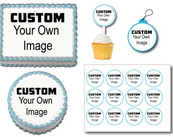 Custom Your Own Image Design Logo Drawing Edible Birthday Cake Toppers, Plastic cupcake Picks, Gift Tags or Stickers