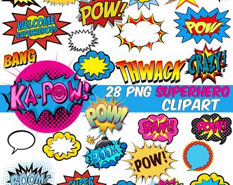 SuperHero Clipart-Comics Bubble ClipArt-SuperHero Speech Bubble Clip Art-Pop Art Text Scrapbooking Clipart-PNG Superhero Photobooth Decor