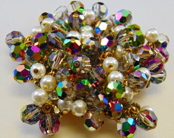 DeLizza and Elster D&E Juliana Vitrail Bead, Glass Pearl and Black Diamond Brooch As Is