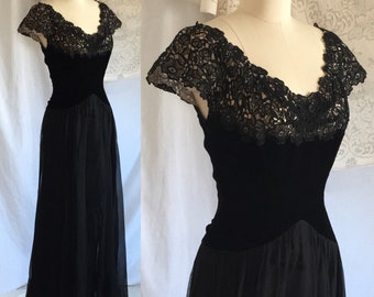 Vintage 1940's Dress | Black Velvet & Chiffon with Lace | Evening Gown | Off Shoulder | Size S