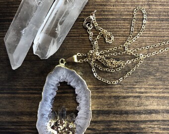 READY TO SHIP white druzy point geode necklace on gold plated chain
