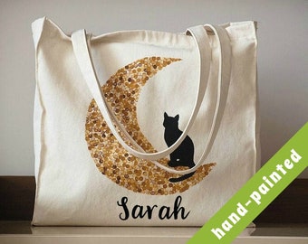 personalized cat tote bag/ cat lover gift/ custom name/ birthday gift/ canvas tote bag/ cat gifts/ hand painted bag/ cotton eco bag
