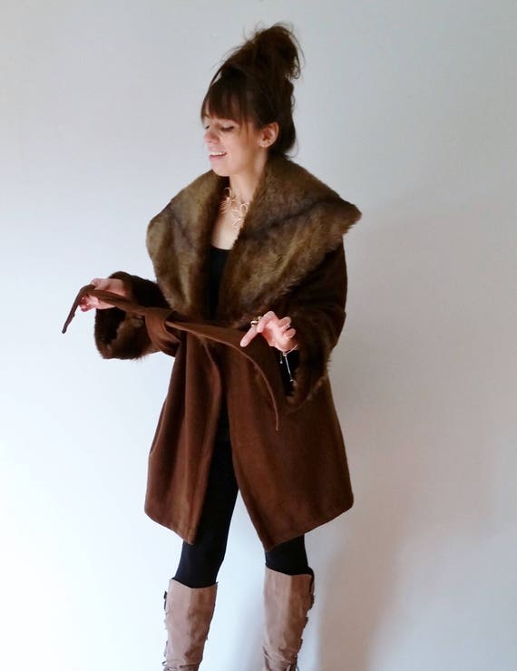 Stunning Faux Fur Jacket Leopard Print Coat Clic Sable Lotus Ruffle Style Faux Fur Coat Middle Length Dark Brown