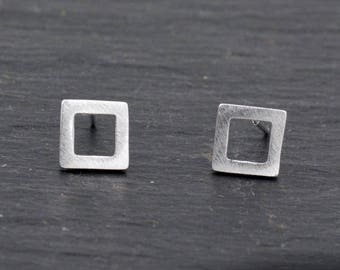 Sterling Silver Little Open Square Stud Earrings Minimalist Geometric Jewellery, Textured Finish. H43