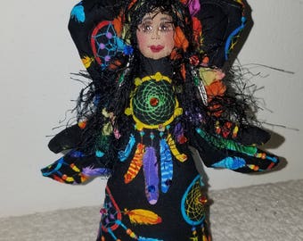 Whimsical, 6" fiber sculpted Dream Catcher angel, silk face, Swarovski crystal accents