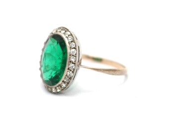 Edwardian Simulated Emerald and Diamond Ring May Birthstone