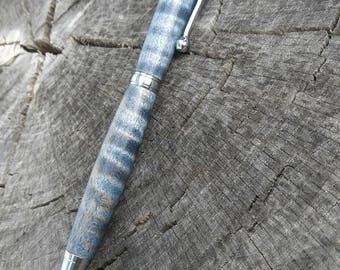 Blue Dyed Curly Maple Slimline Pen, Ballpoint Pen, Twist Pen, Wood Pen, Wooden Pen, Gift for Her, Gift for Him, Gift for Mom, Gift for Dad