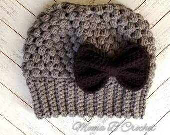 Crochet Messy Bun Hat with Bow, Adult/Teen Messy Bun Hat, Messy Man Bun Hat, Pony Tail Hat, Detachable Bow, Claire Messy Bun Hat