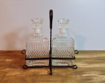 Vintage Pair of Glass Liquor Decanters with Carrier / Liquor Decanters in Wrought Iron Carrier