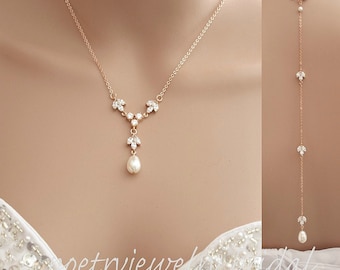 Rose Gold Bridal Backdrop Necklace, Rose Gold Back Necklace, Rose Gold Wedding Jewelry, Crystal Back Necklace, Bridal Jewelry, Leila